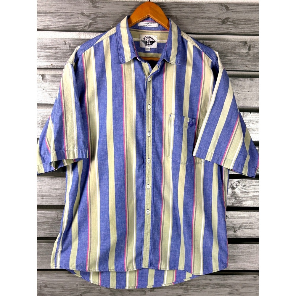 Vtg Dockers Levis Men L Colorblock Striped Cotton Short Sleeve Button Down Shirt